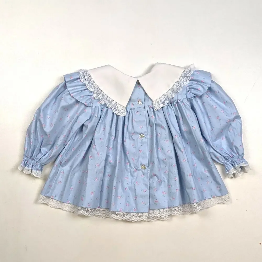 Vintage Bryan Dress Baby Girls Sz 12m Blue Floral Dainty Frilly Spring 80s